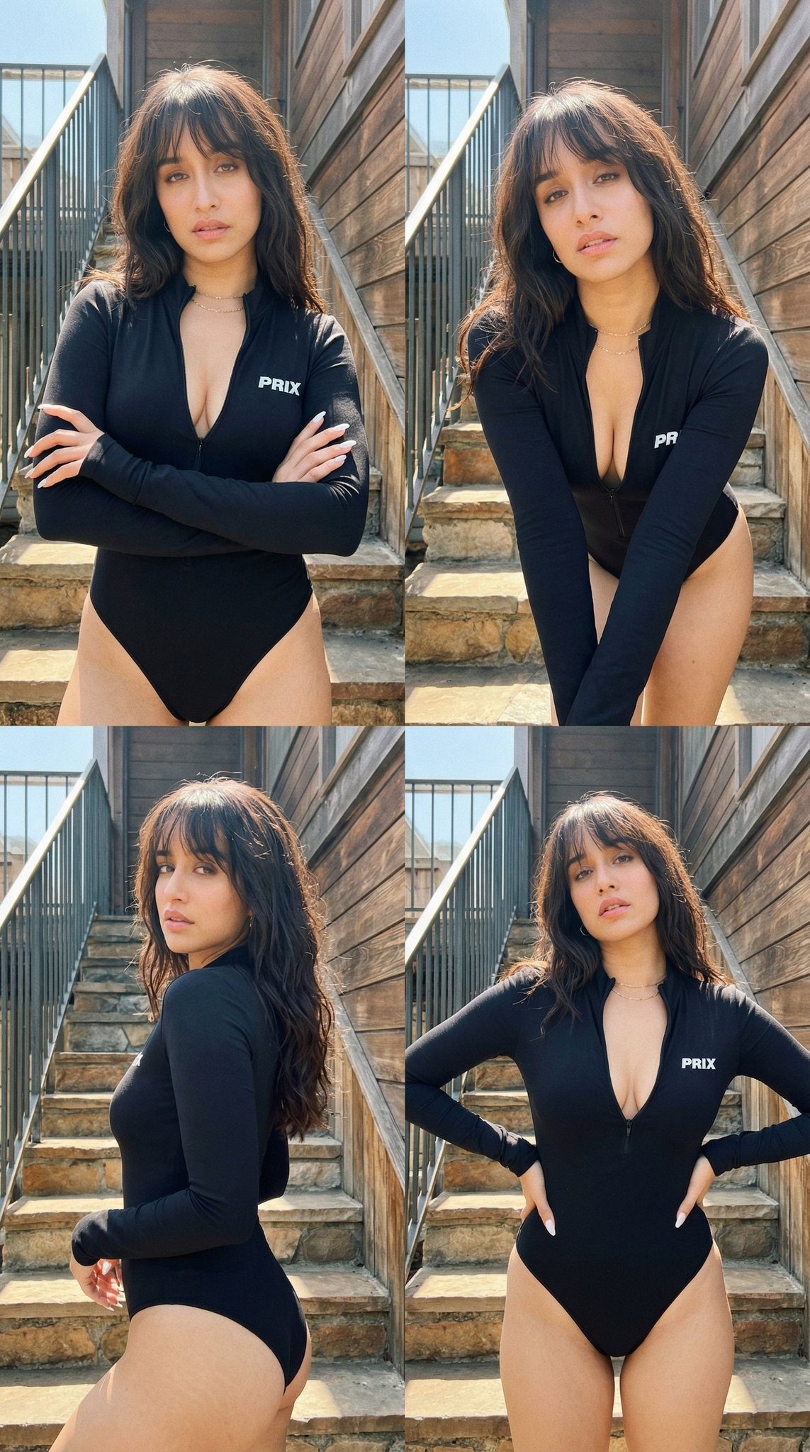 Young Woman in Black PRIX Bodysuit on Stairs 4-Panel Grid - view 3