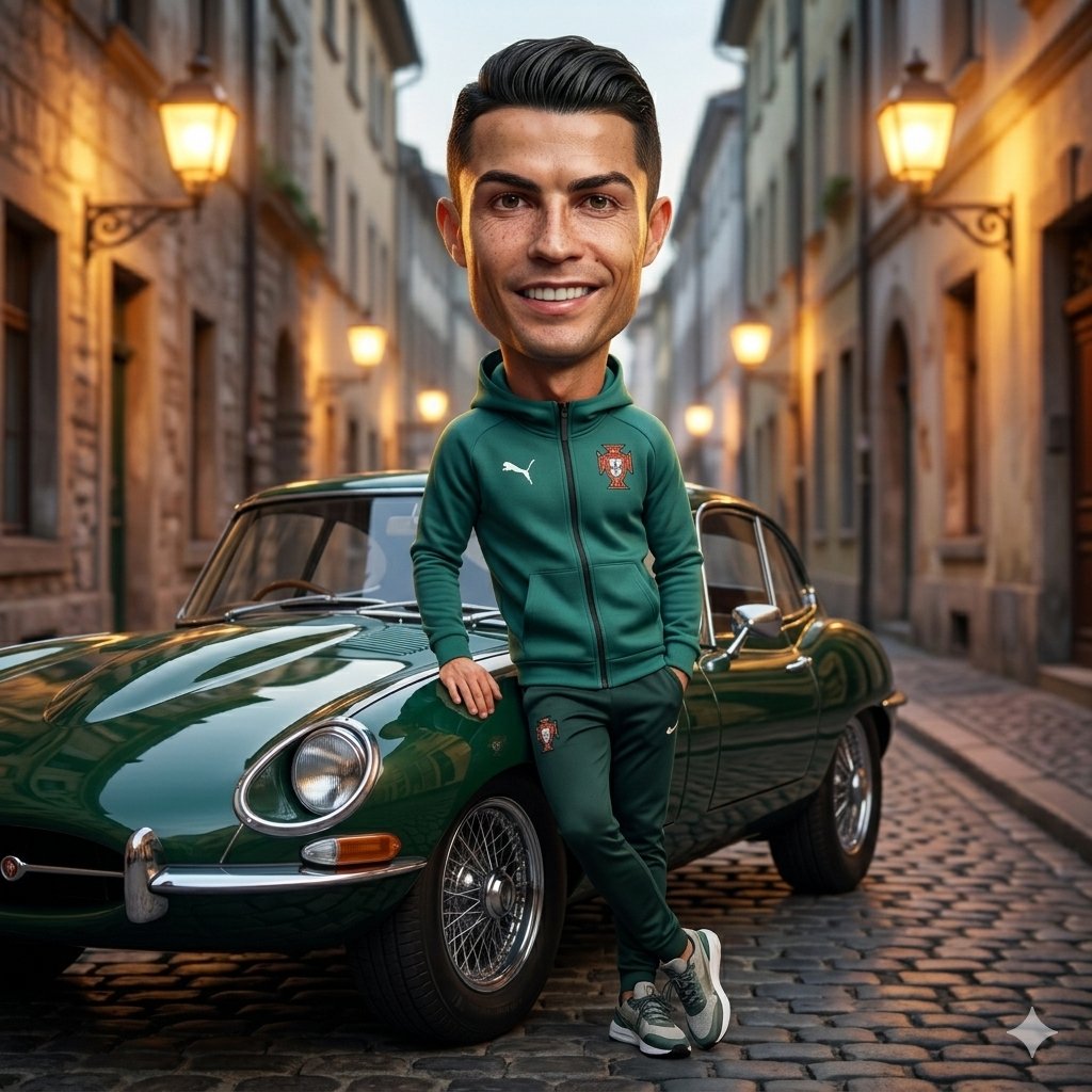 Caricature Leaning on Vintage Green Car - view 2
