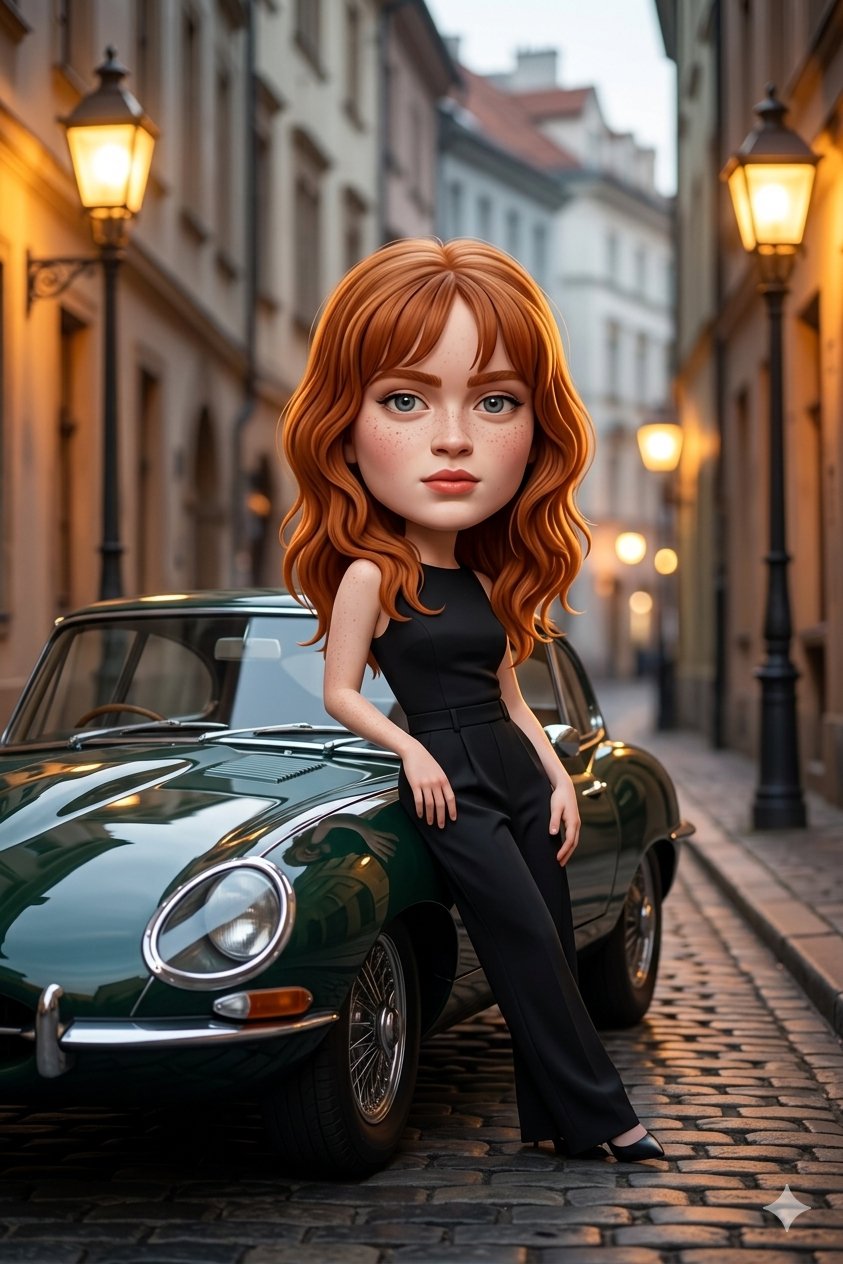 Caricature Leaning on Vintage Green Car